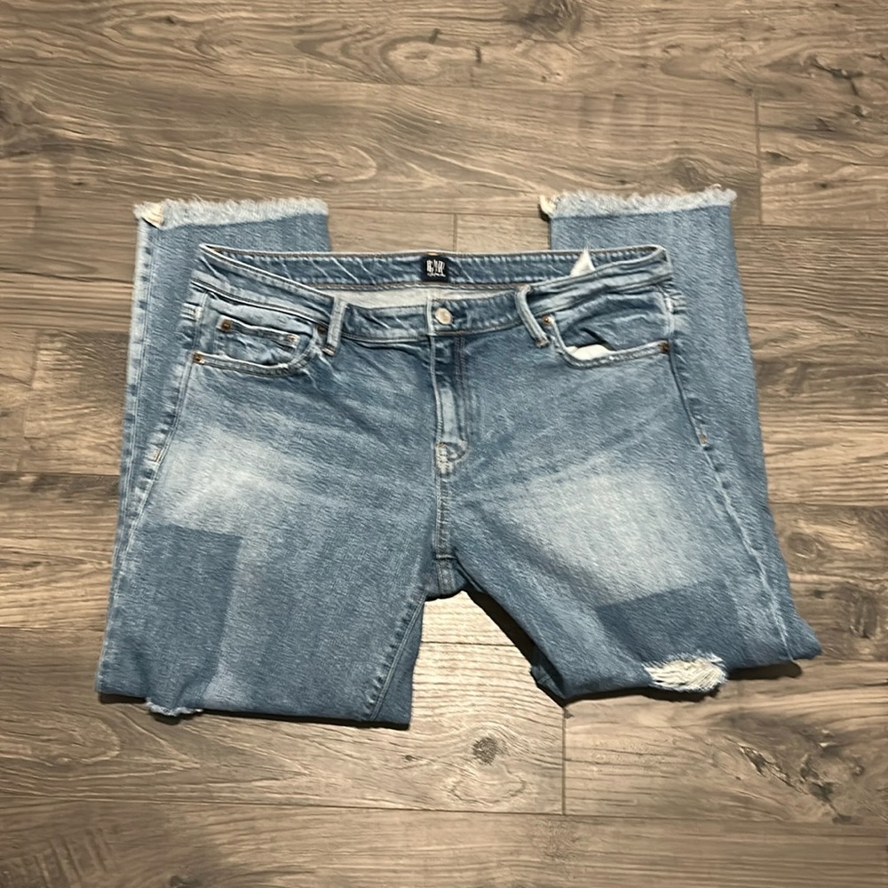 Gap girlfriend distressed patch jeans with raw hem
